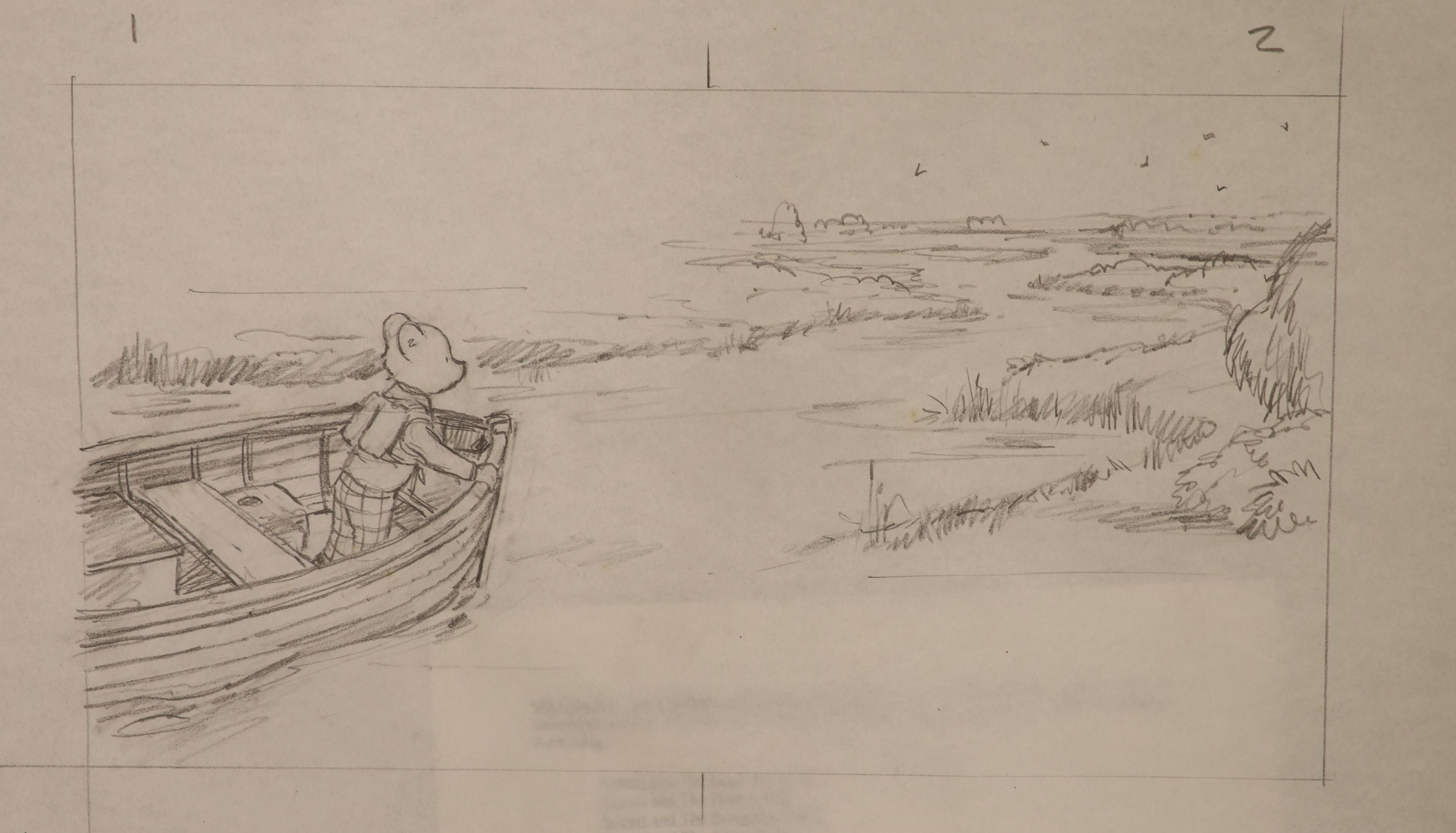 Jon Davies, three original pencil sketches for Rupert The Bear books, printed in 1986, overall 29 x 41cm, unframed